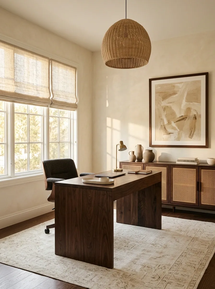 Creamy Neutral Boho Office With Dark Wood Accents