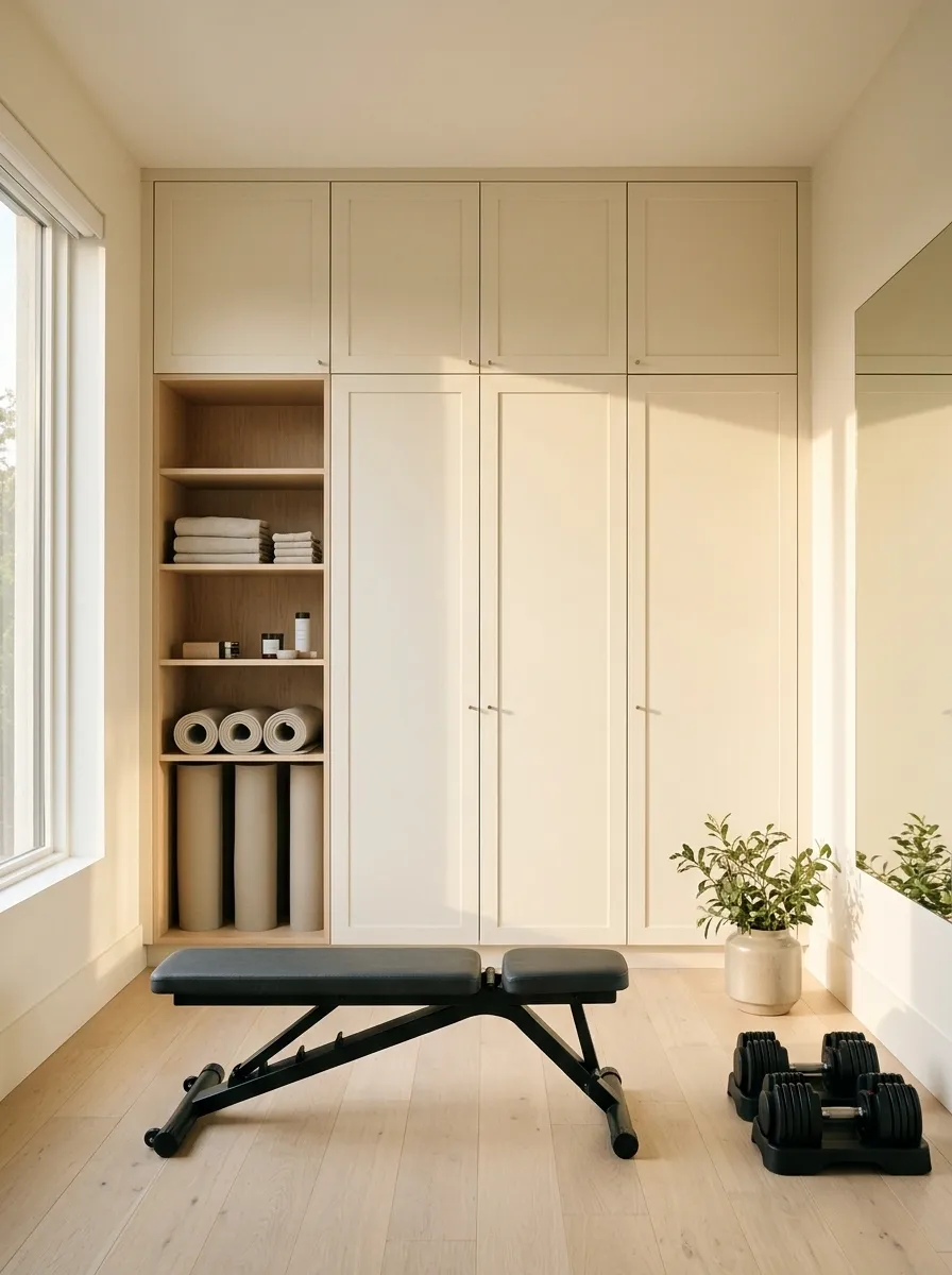 Creamy Neutral Gym With Built-In Storage