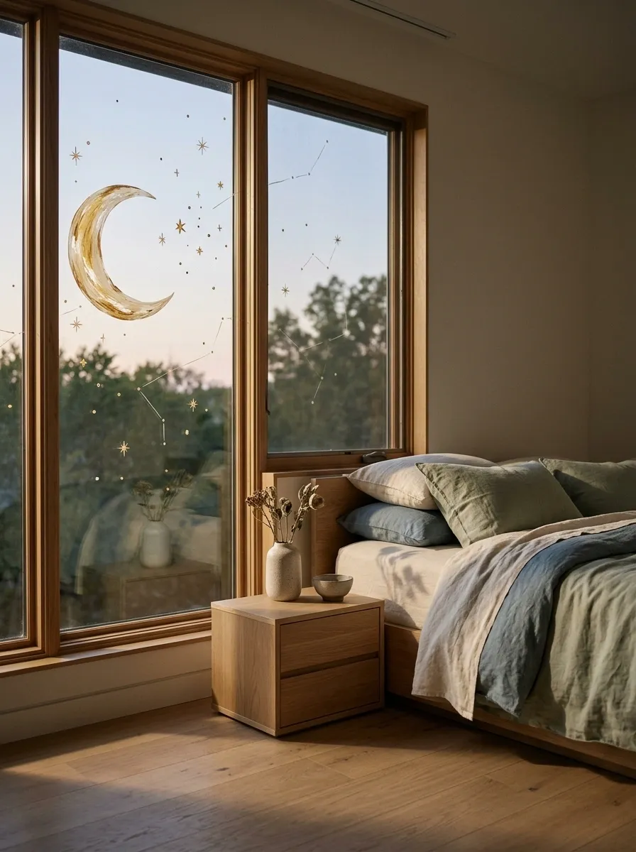 Crescent Moons and Constellations on a Bedroom Window