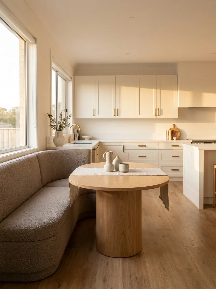 Curved Banquette With a Pedestal Table in an Open Kitchen