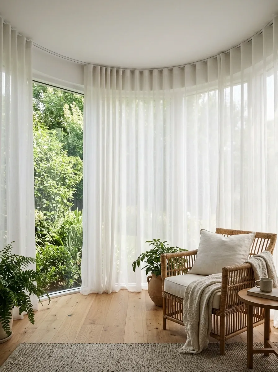Curved Bow Bay With Ceiling-Tracked Voile Sheers