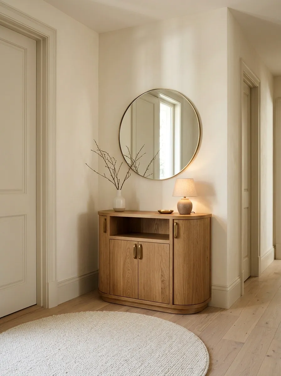 Curved Console Corner With a Single Lamp and a Round Rug