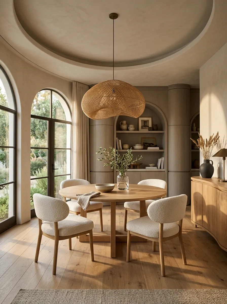 Curved Dining Room With Sculptural Chairs and Rounded Millwork