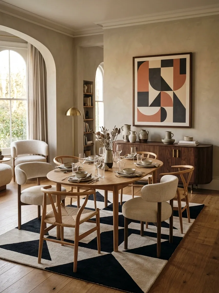 Curved Eclectic Dining Room With Graphic Artwork