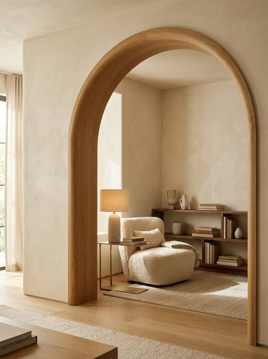 Curved Timber Portal Framing a Small Reading Nook