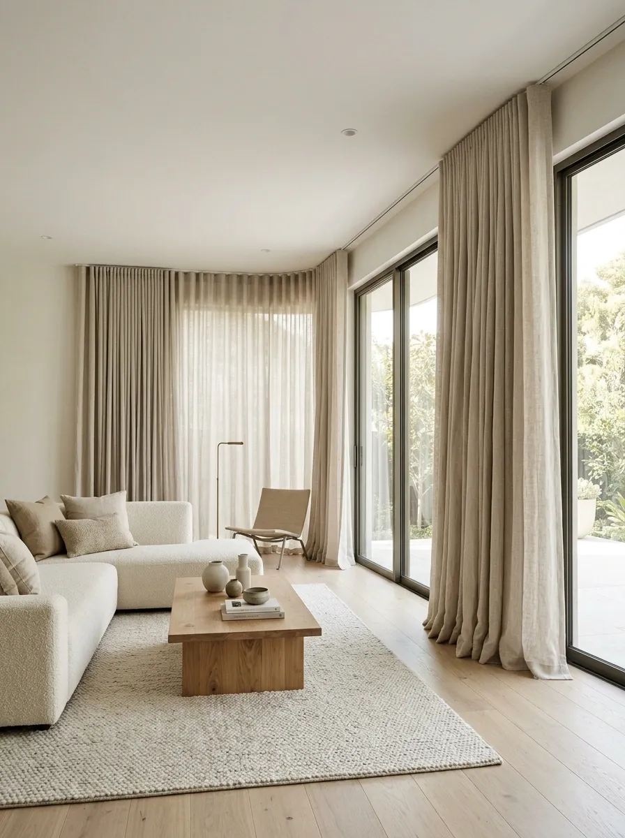 Curved Track Curtains Around a Corner Glass Opening