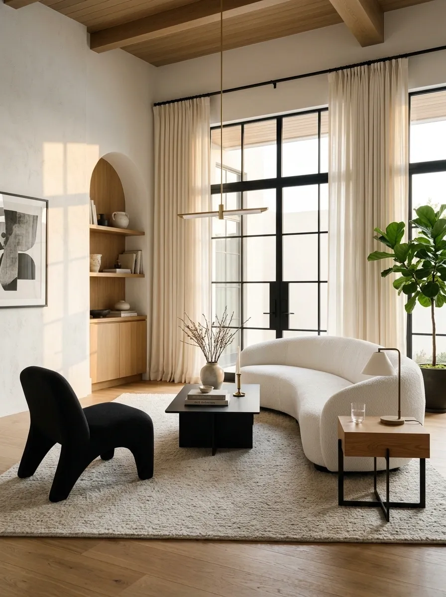 Curved White Sofa With a Black Coffee Table