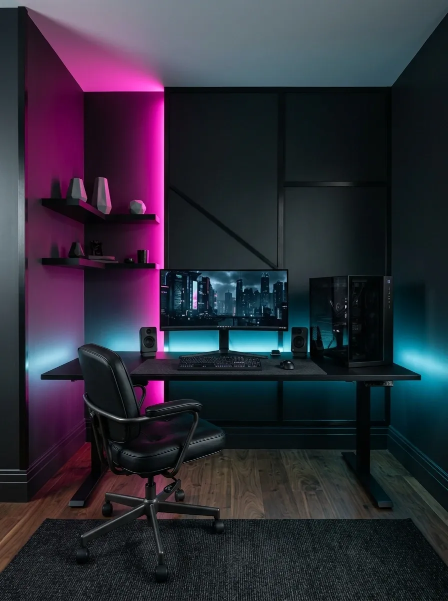 Cyberpunk Black Gaming Room With Magenta and Cyan Lighting