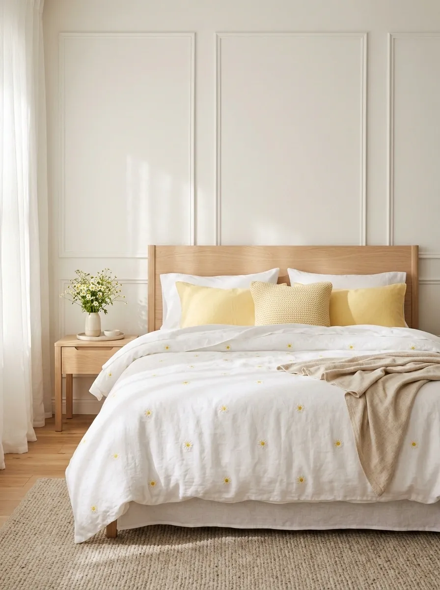 Daisy Print Bedding in a Cheerful Yellow-and-White Bedroom