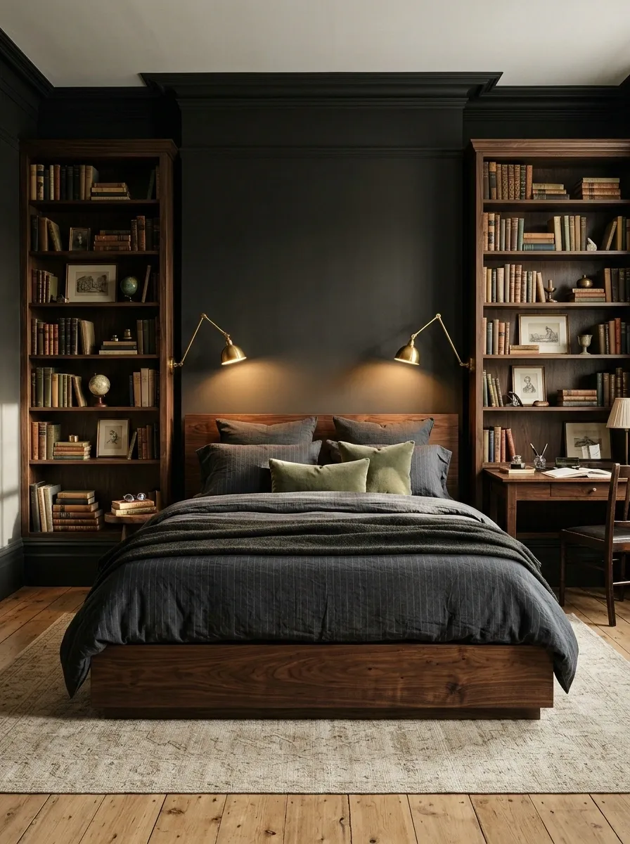Dark Academia Bedding With Subtle Pinstripes and Walnut