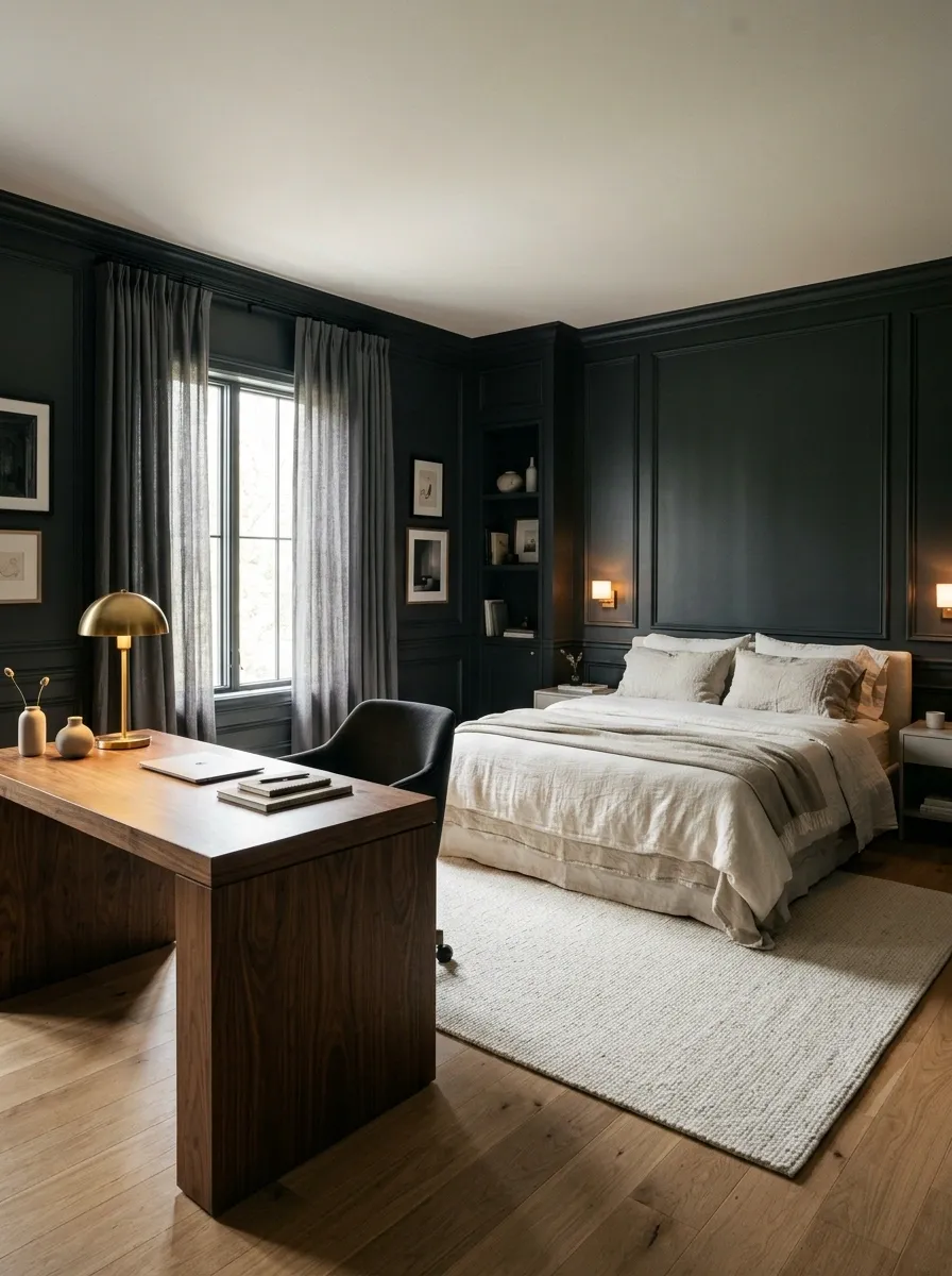 Dark Bedroom With a Moody Walnut Work Zone