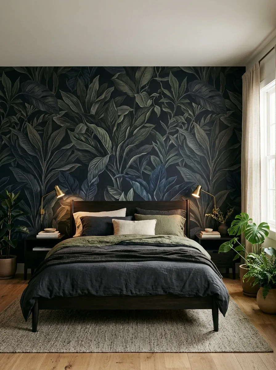 Dark Botanical Bedroom With Printed Walls and Layered Greenery