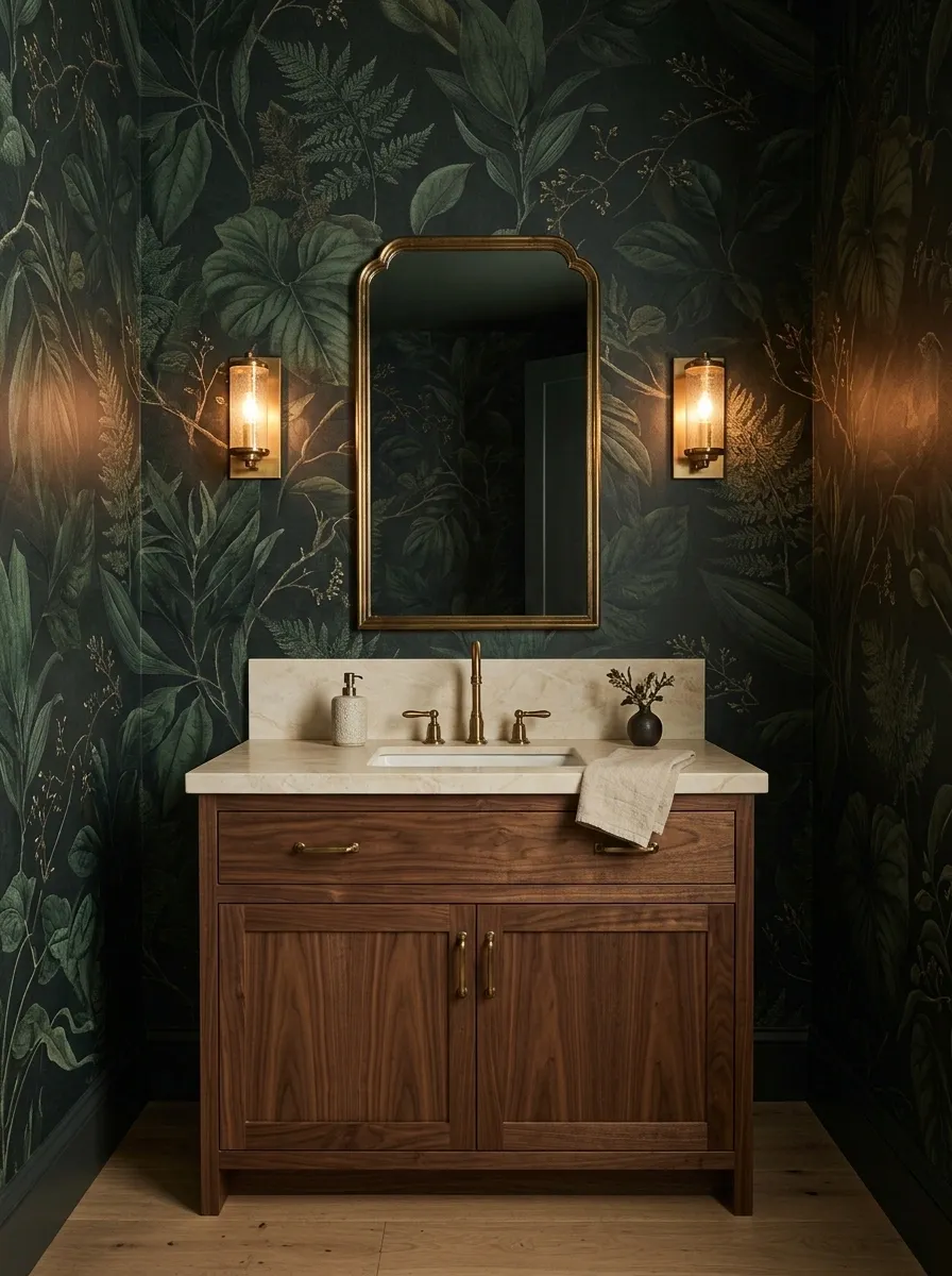 Dark Botanical Wallpaper With a Rich Walnut Vanity
