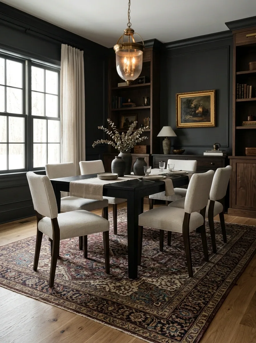 Dark Dining Room With a Dramatic Oriental Rug