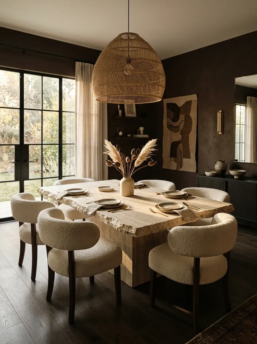 Dark Dining Room With Natural Stone and Sculptural Seating