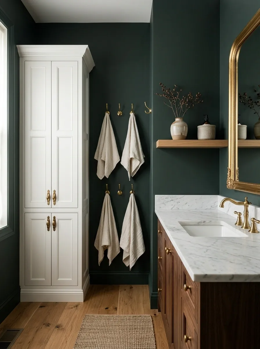 Dark Green Bathroom With Brass Hooks and a Linen Cabinet
