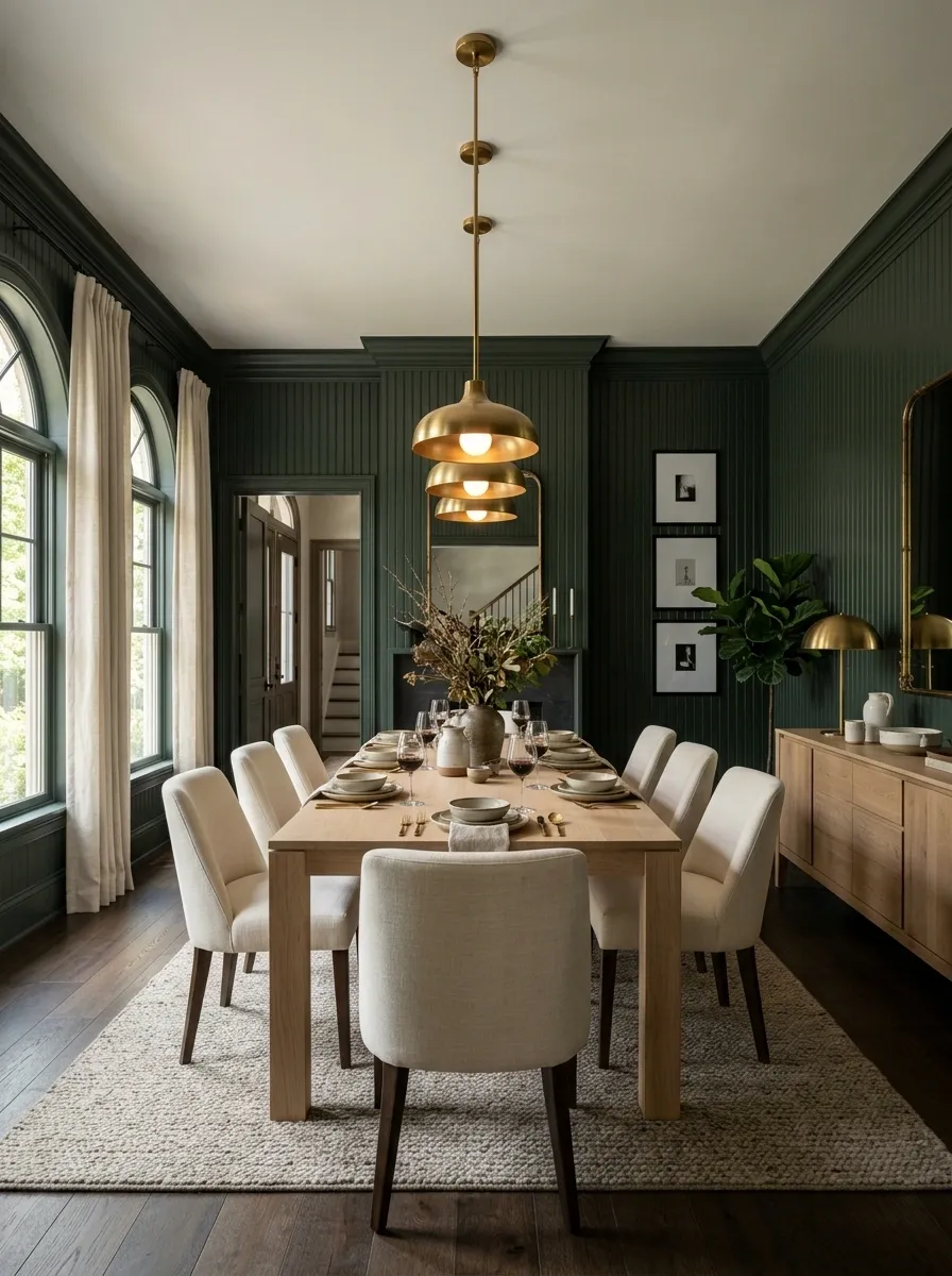 Dark Green Beadboard Dining Room With Cream Curtains