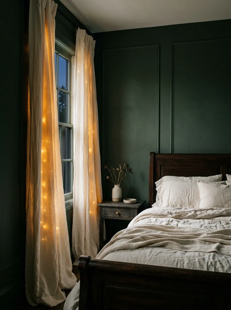 Dark Green Bedroom With a Golden Window Glow