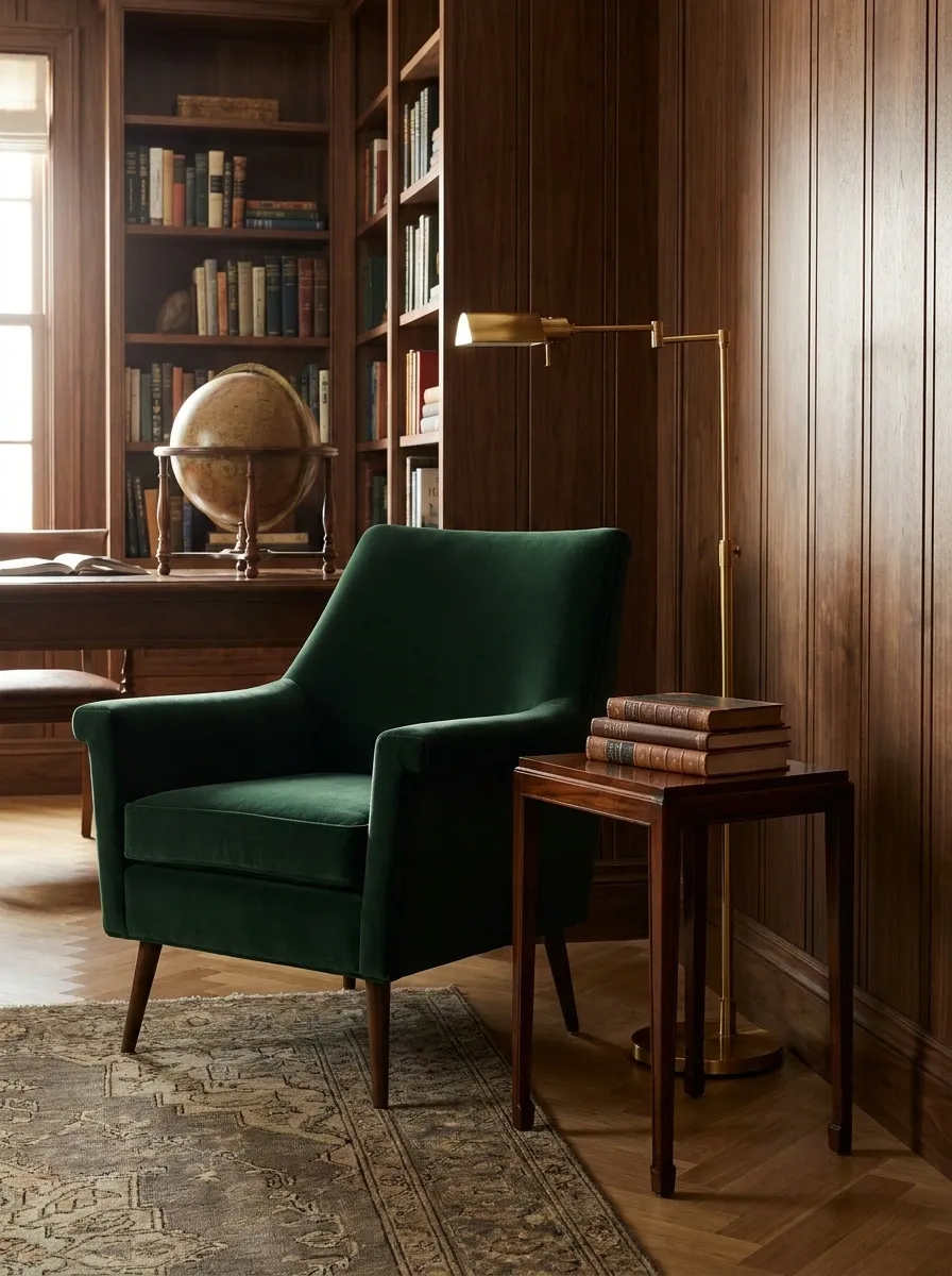Dark Green Chair in a Wood-Paneled Study
