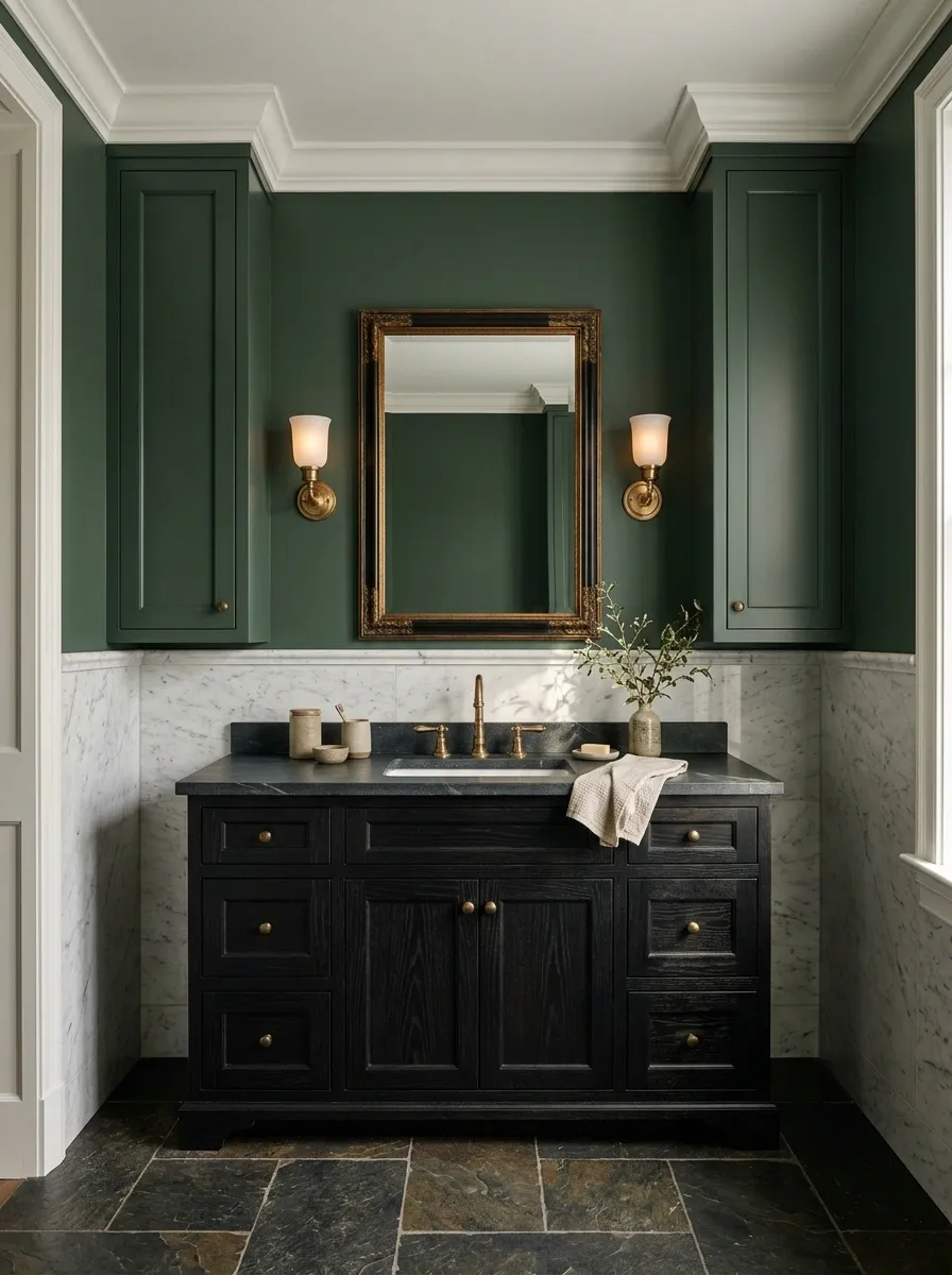 Dark Green Traditional Bathroom With Marble Wainscoting