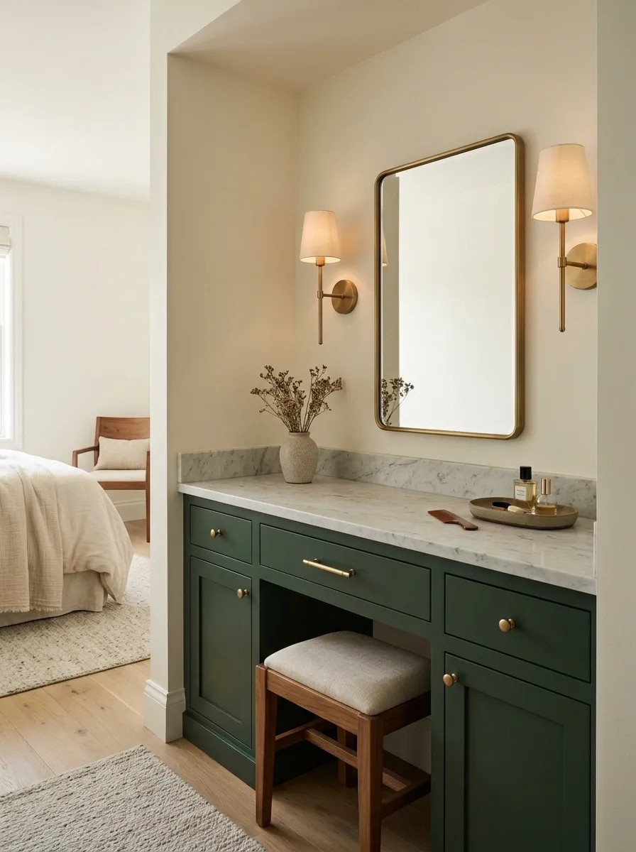 Dark Green Vanity With Brass Sconces and Marble Top