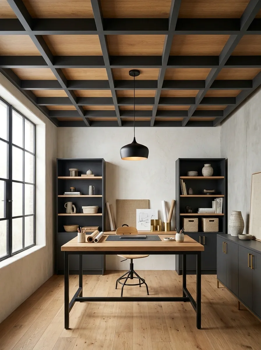 Dark Grid Ceiling With Wood-Look Infill in a Home Studio