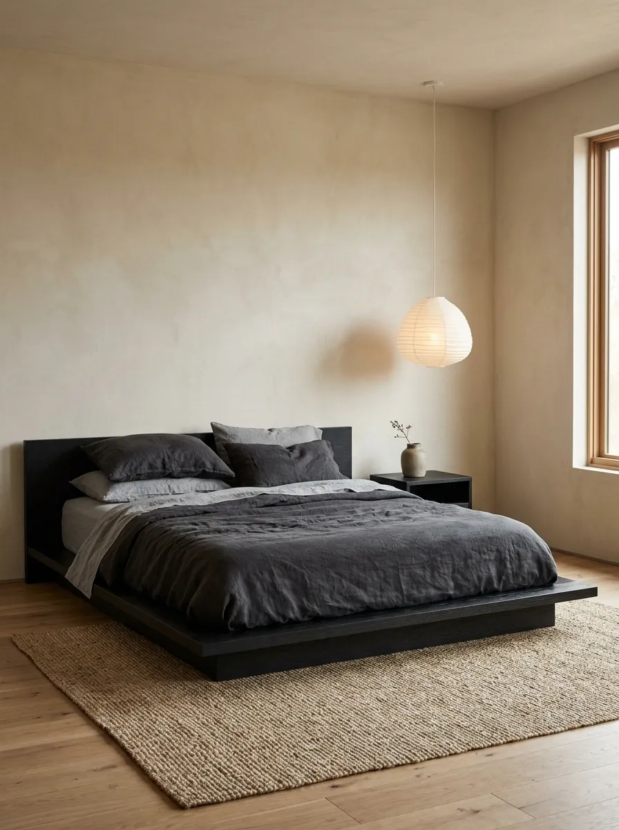 Dark Japandi Bedding With Low Blackened-Wood Furniture