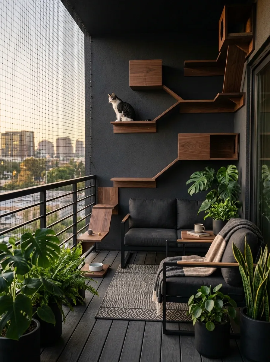 Dark Modern Balcony With Integrated Cat Shelving