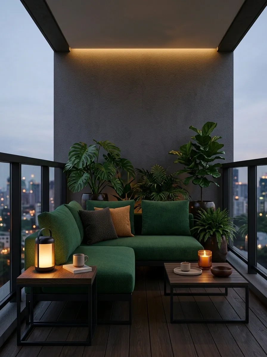 Dark Moody Balcony With Deep Green Upholstery