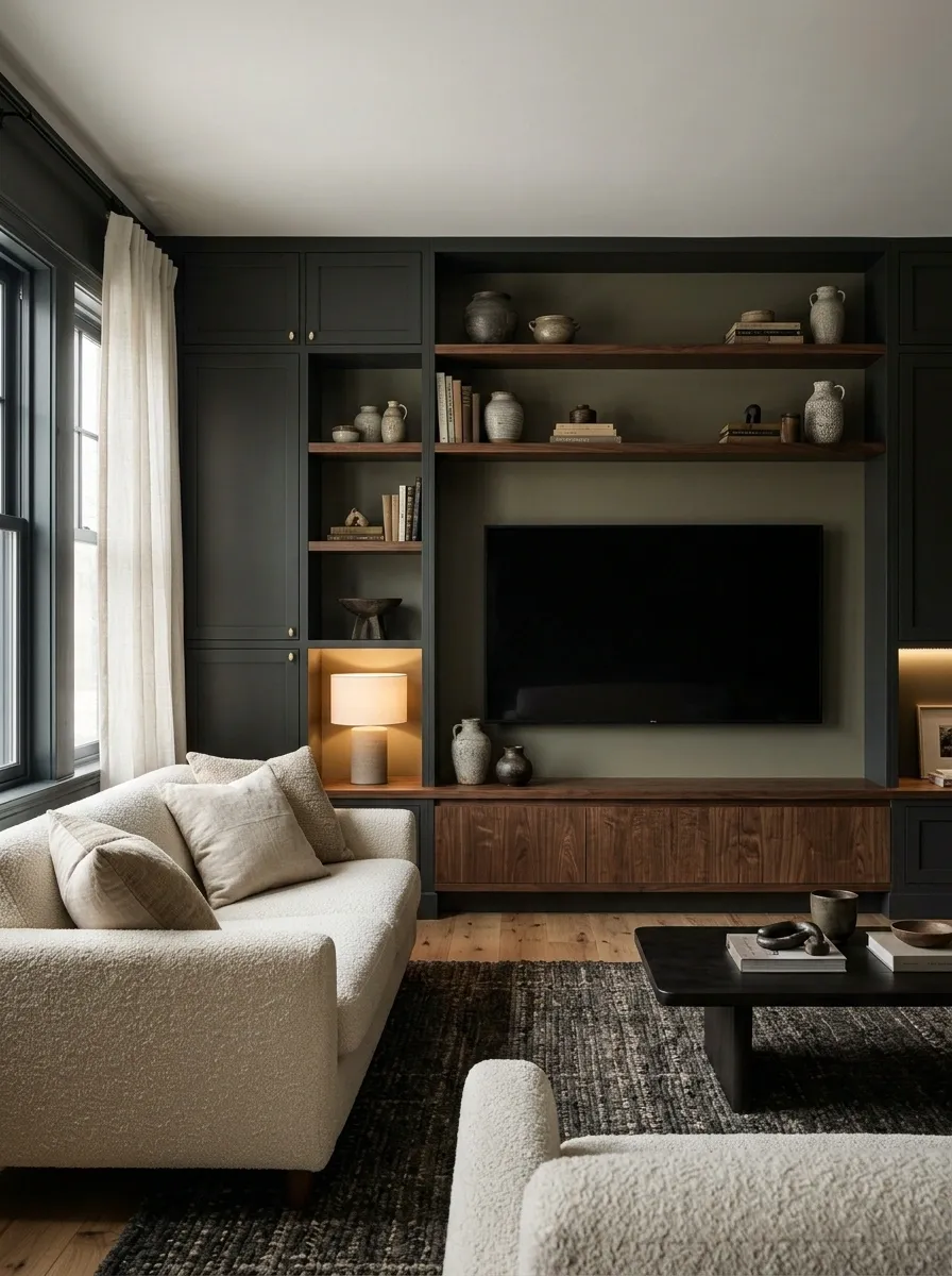 Dark Moody TV Wall With Integrated Cabinetry