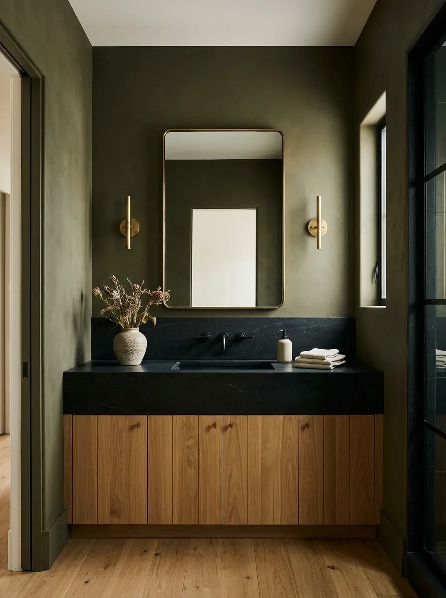 Dark Olive Bathroom With Aged Brass and Black Stone
