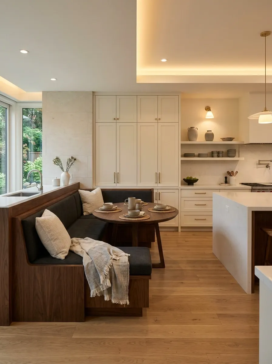 Dark Walnut Banquette Against a Light Modern Kitchen