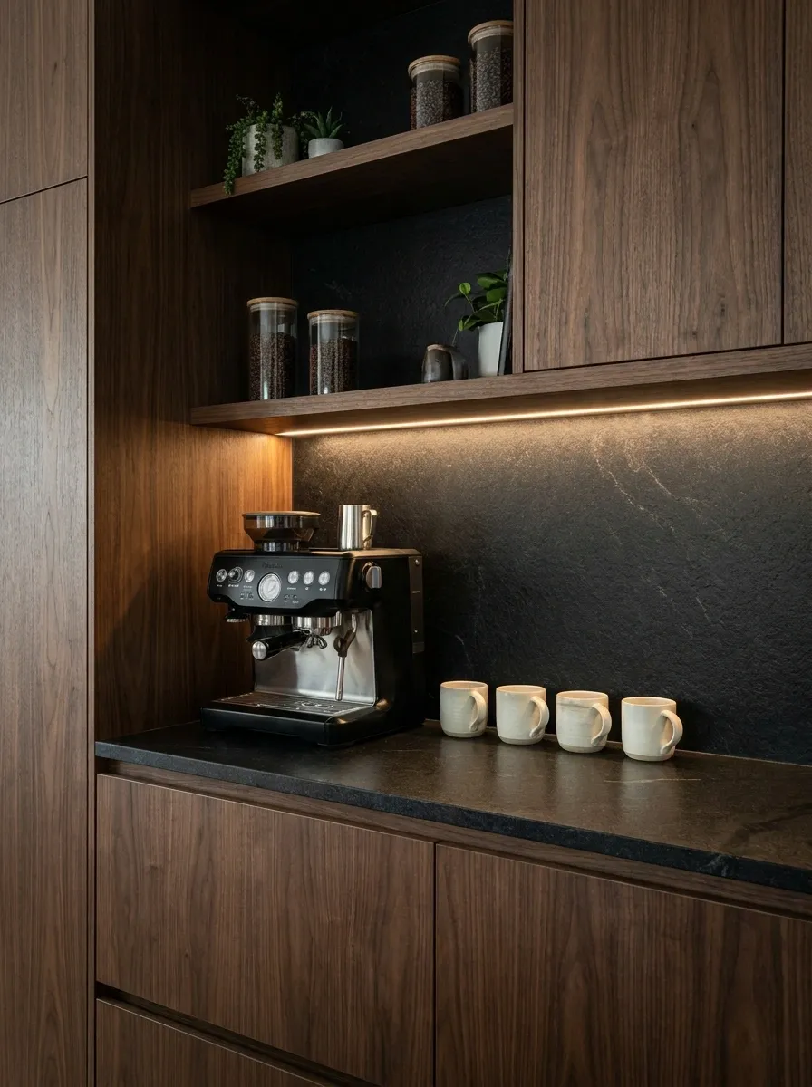 Dark Walnut Coffee Station With Black Stone