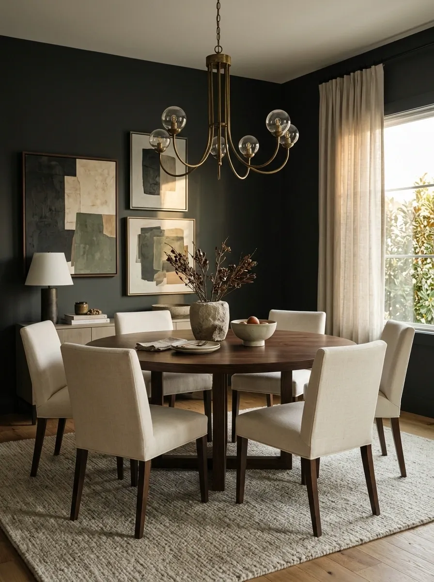 Dark Walnut Dining Room With Cream Upholstery and Layered Art
