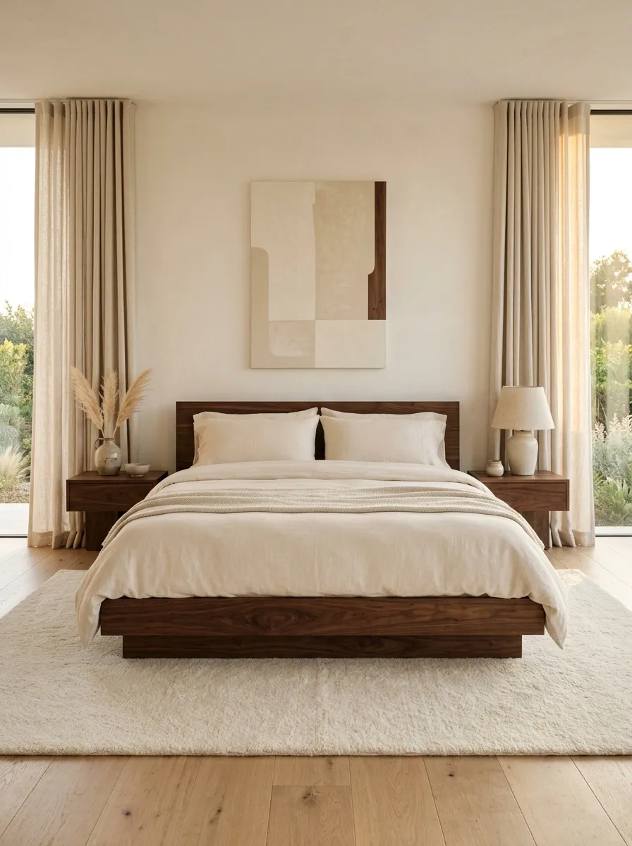 Dark Walnut Minimalist Bedroom With Warm White Walls