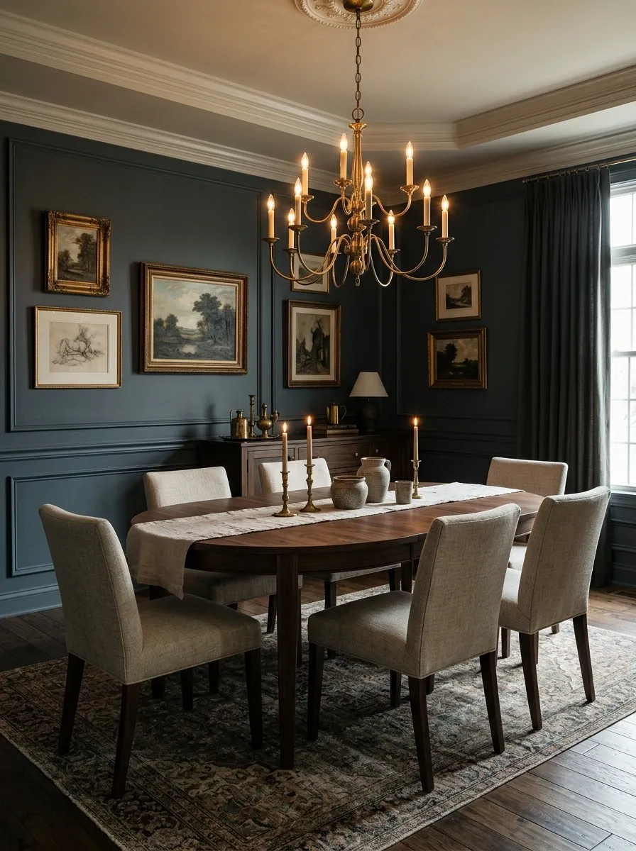 Dark Walnut Oval Table in a Moody Traditional Dining Room
