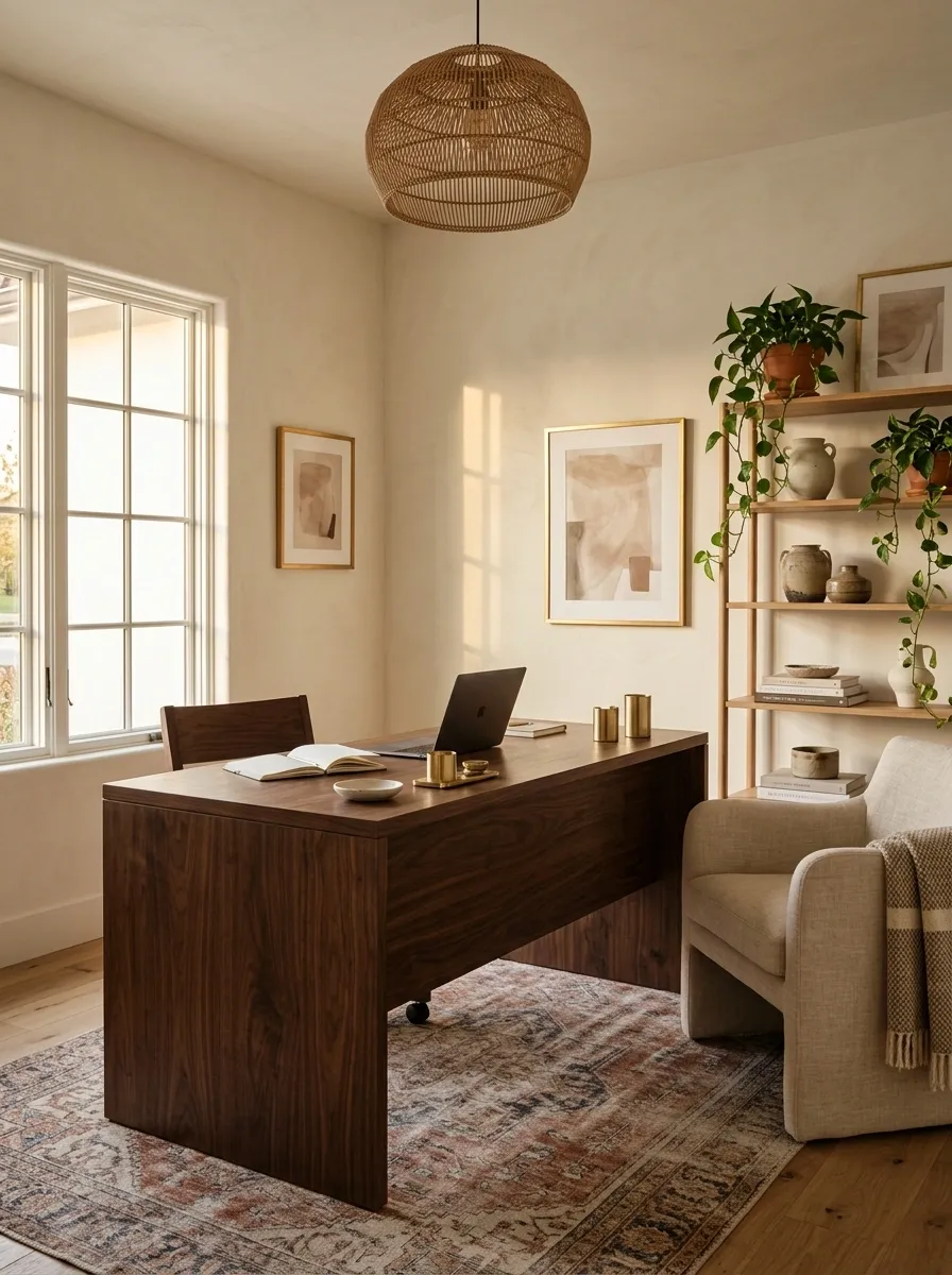 Dark Wood Boho Office With a Vintage Rug