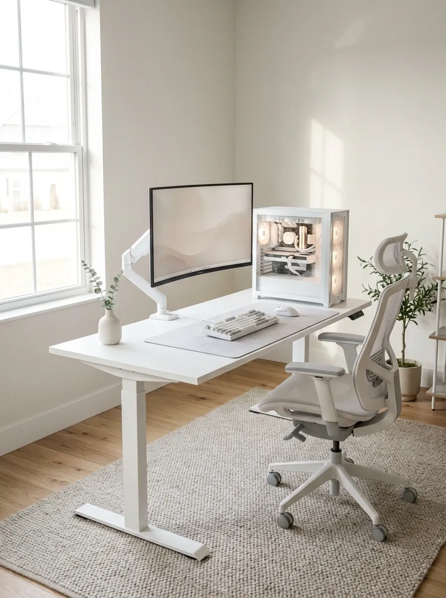 Daylit White Sit-Stand Gaming Workspace