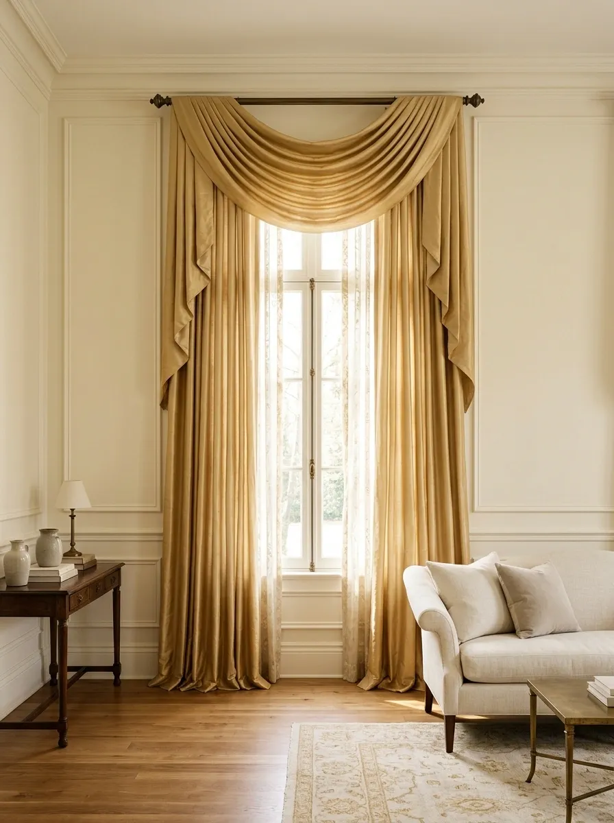 Decorative Drapery With Golden Swags and Long Side Tails