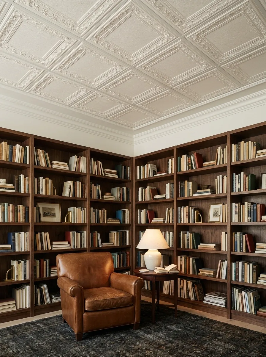Decorative Embossed Ceiling Panels in a Classic Reading Room