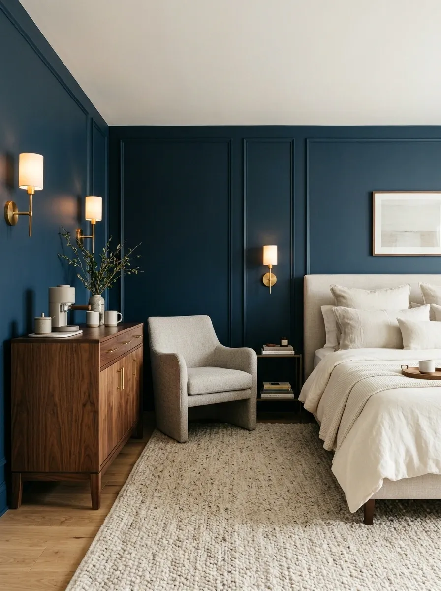 Deep Blue Bedroom With Warm Brass and Walnut Coffee Cabinet