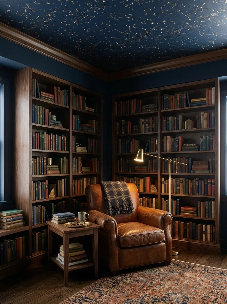 Deep Blue Constellation Ceiling in a Moody Reading Room