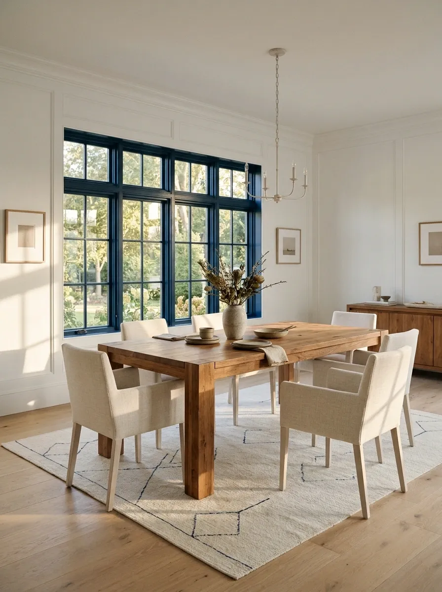 Deep Blue Frames in a White Dining Room
