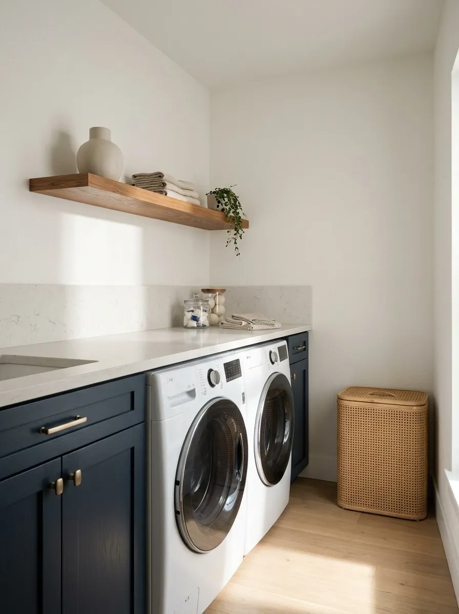 Deep Blue Laundry Cabinets With a Light Countertop