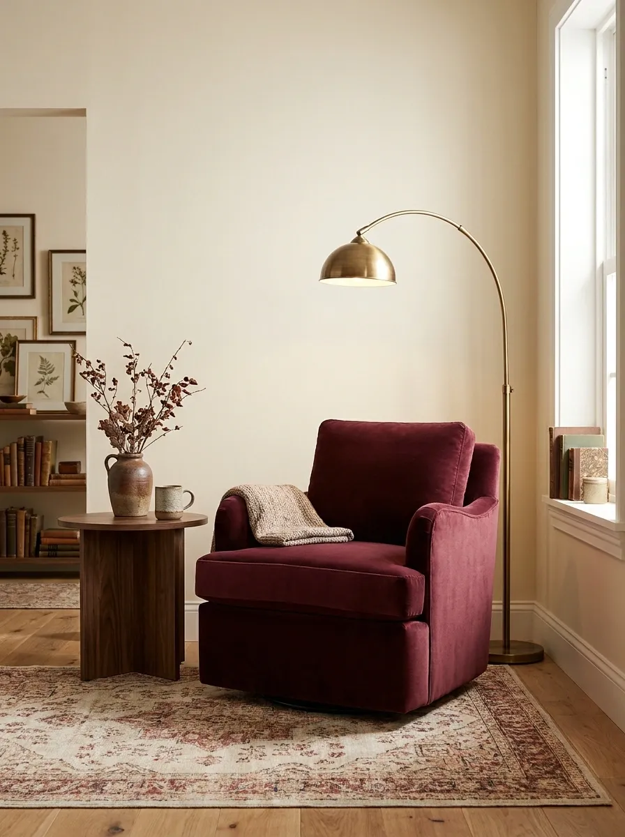 Deep Burgundy Chair With Antique Brass Lighting