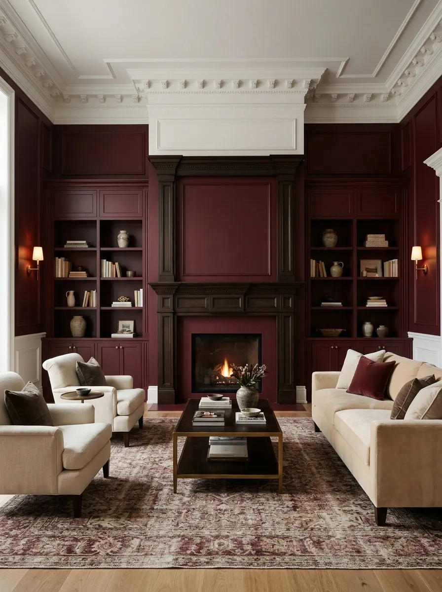 Deep Burgundy + Warm Cream With Classic Woodwork