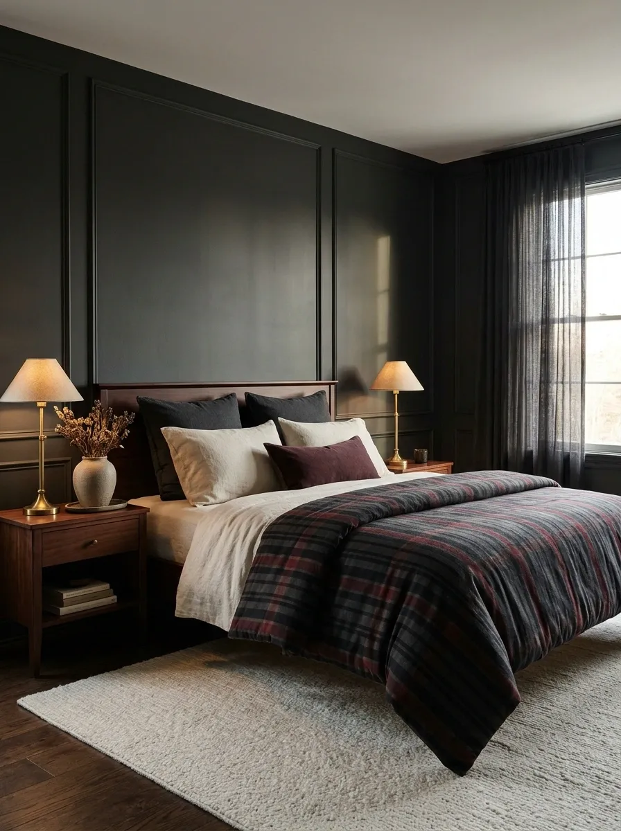 Deep Charcoal and Wine Stripes in a Moody Bedroom
