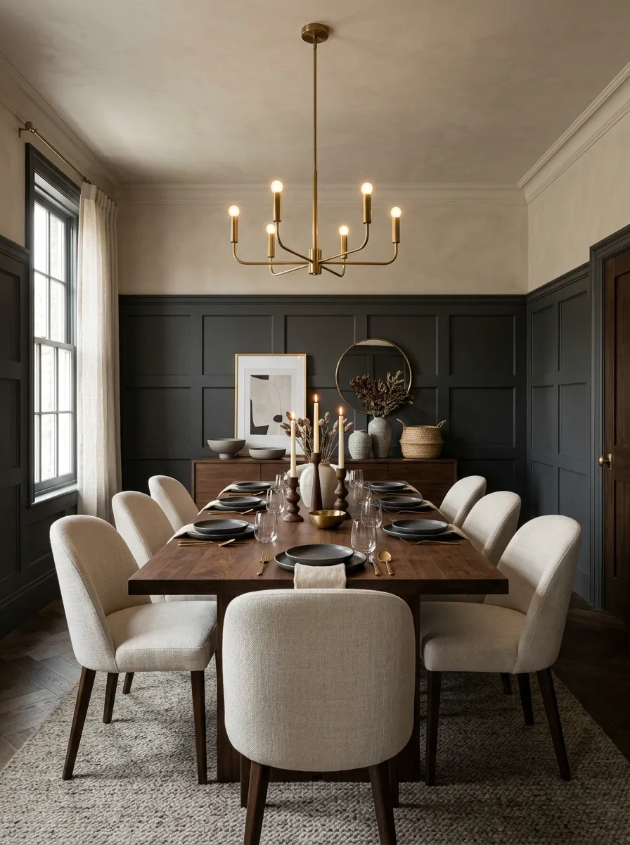 Deep Charcoal Paneling in a Dramatic Dining Room
