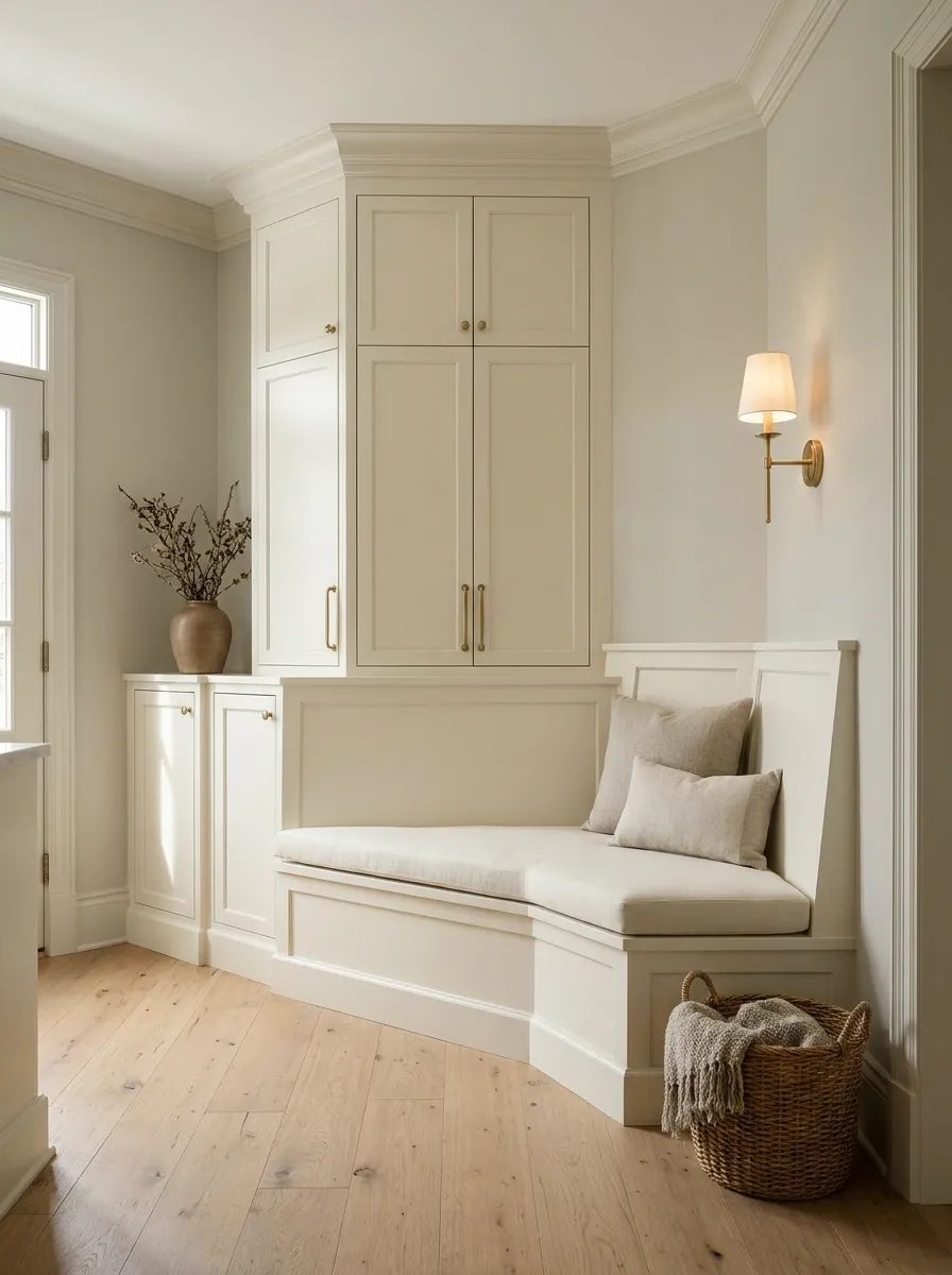 Deep Corner With a Diagonal Bench and a Tall Cabinet Behind