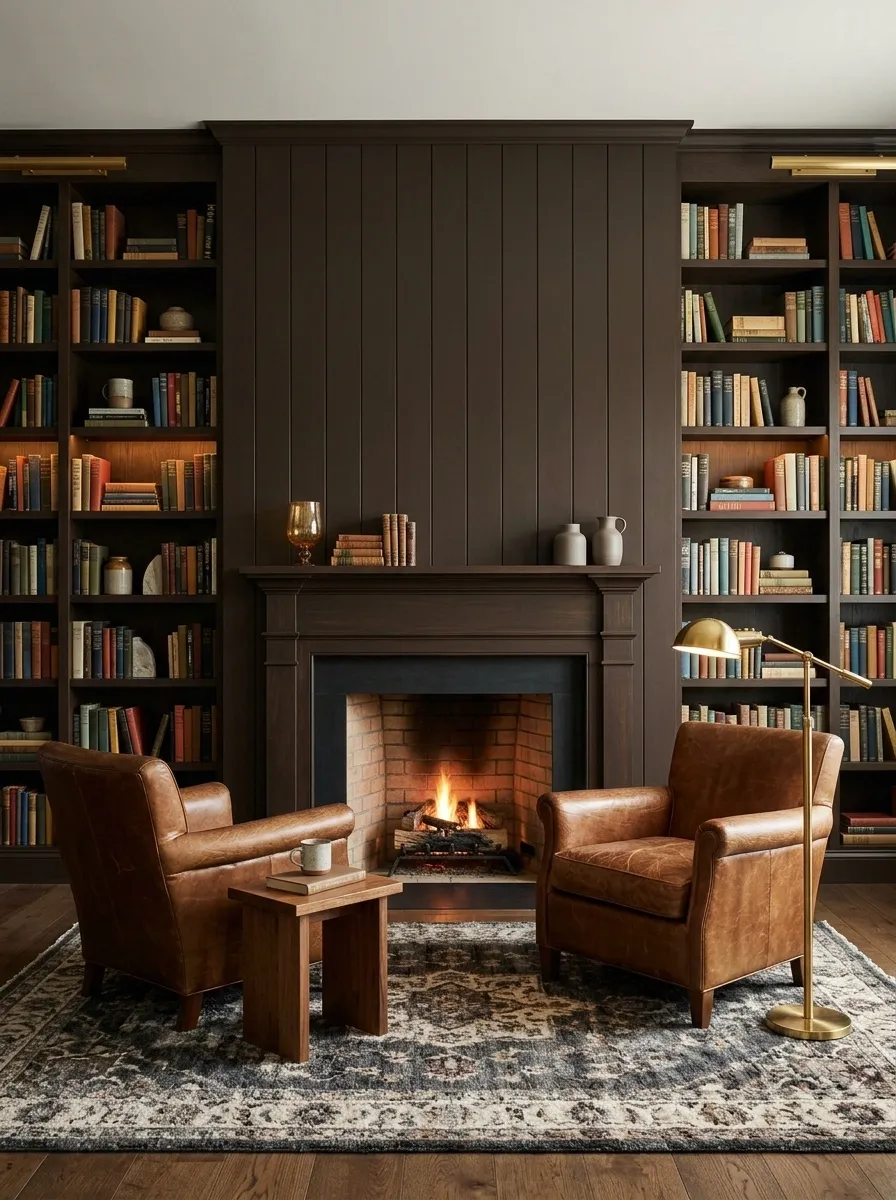 Deep Espresso Shiplap Fireplace in a Reading Room
